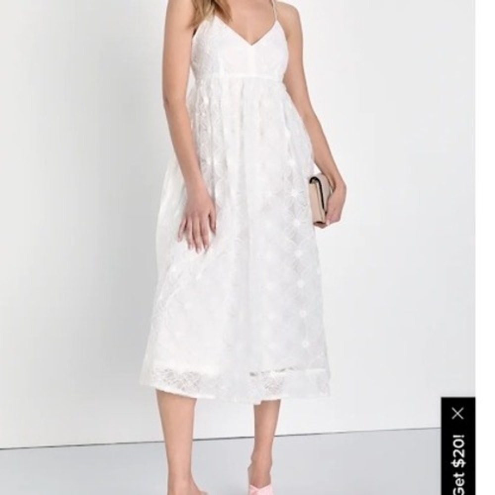 Lulus Floral Tulle Babydoll Midi Dress White Spaghetti Strap‎ Party Cocktail Sm